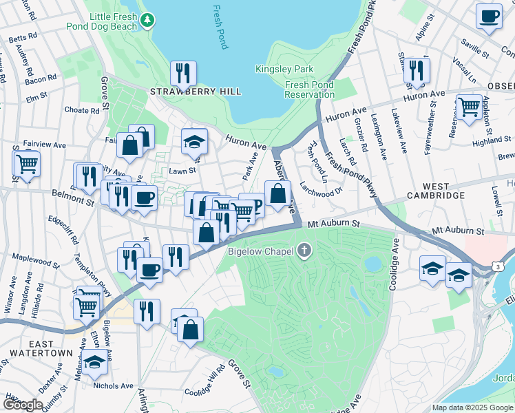map of restaurants, bars, coffee shops, grocery stores, and more near 47 Homer Avenue in Cambridge