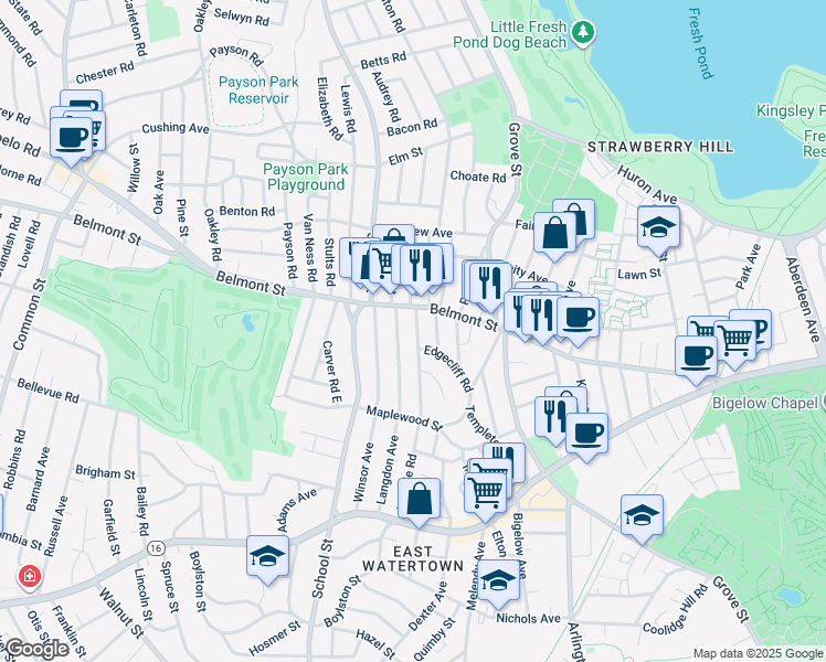 map of restaurants, bars, coffee shops, grocery stores, and more near 248 Belmont Street in Watertown