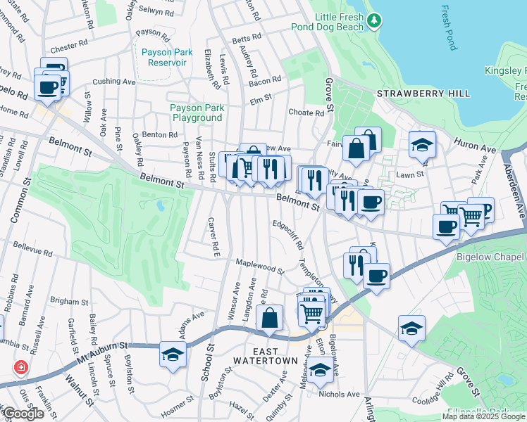 map of restaurants, bars, coffee shops, grocery stores, and more near 248 Belmont Street in Watertown