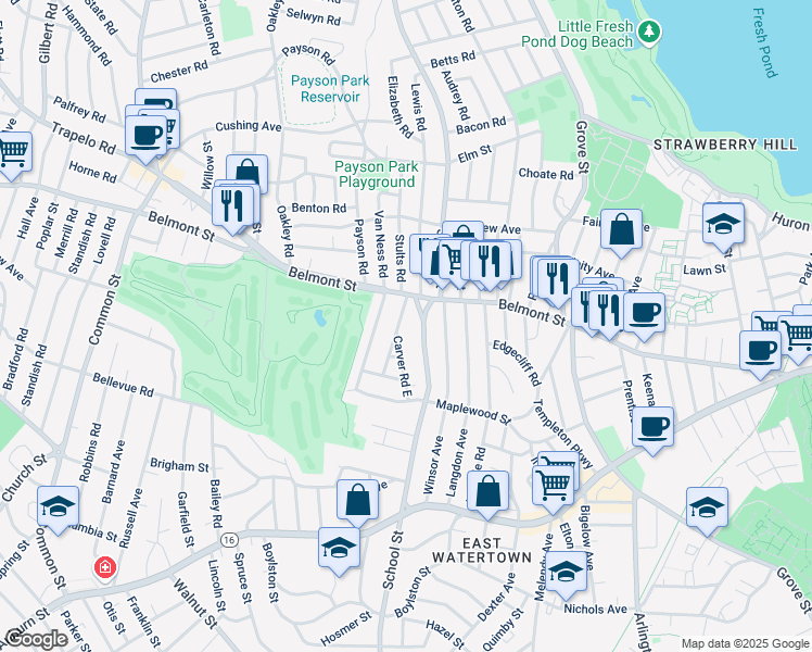 map of restaurants, bars, coffee shops, grocery stores, and more near 408 School Street in Watertown