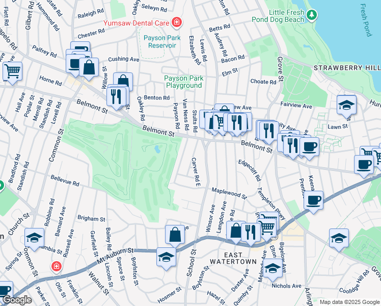 map of restaurants, bars, coffee shops, grocery stores, and more near 21 Commonwealth Road in Watertown