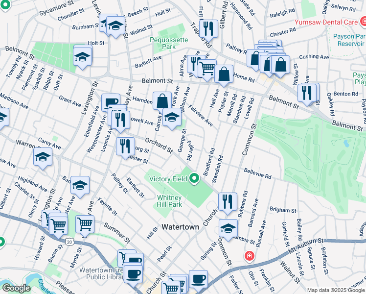 map of restaurants, bars, coffee shops, grocery stores, and more near 50 Fuller Road in Watertown