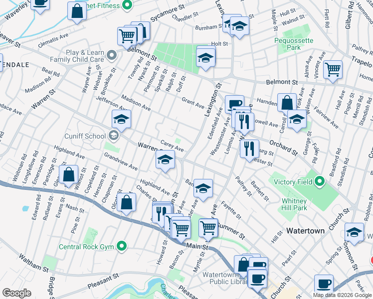 map of restaurants, bars, coffee shops, grocery stores, and more near 12 Robert Ford Road in Watertown