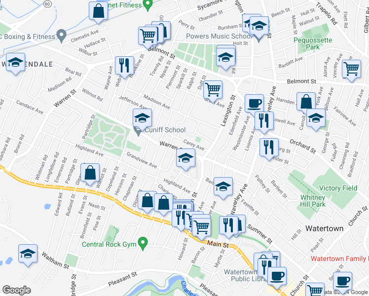 map of restaurants, bars, coffee shops, grocery stores, and more near 39 Carey Avenue in Watertown