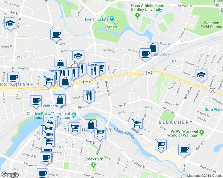 map of restaurants, bars, coffee shops, grocery stores, and more near 16 Newton Street in Waltham