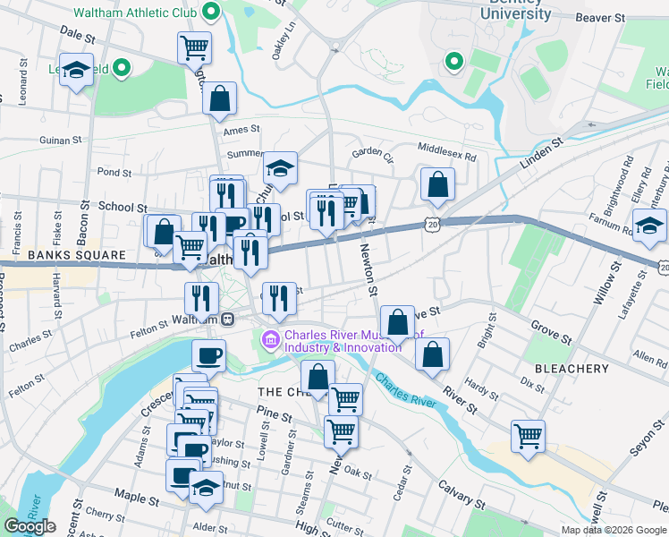 map of restaurants, bars, coffee shops, grocery stores, and more near 13 Heard Street in Waltham