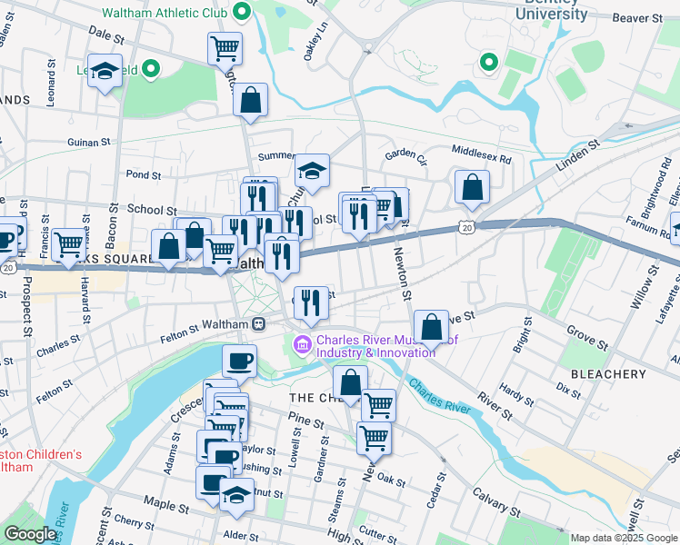 map of restaurants, bars, coffee shops, grocery stores, and more near 11 Appleton Street in Waltham