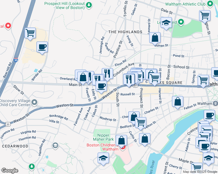 map of restaurants, bars, coffee shops, grocery stores, and more near 987 Main Street in Waltham