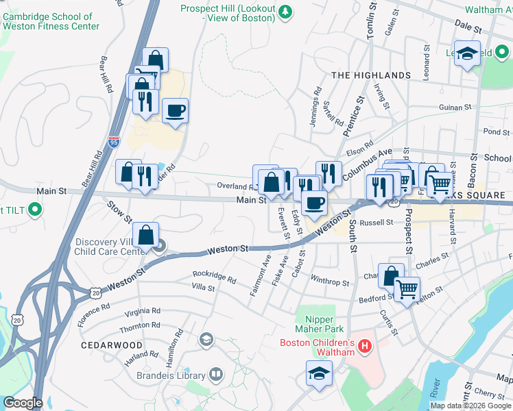map of restaurants, bars, coffee shops, grocery stores, and more near 1089 Main Street in Waltham