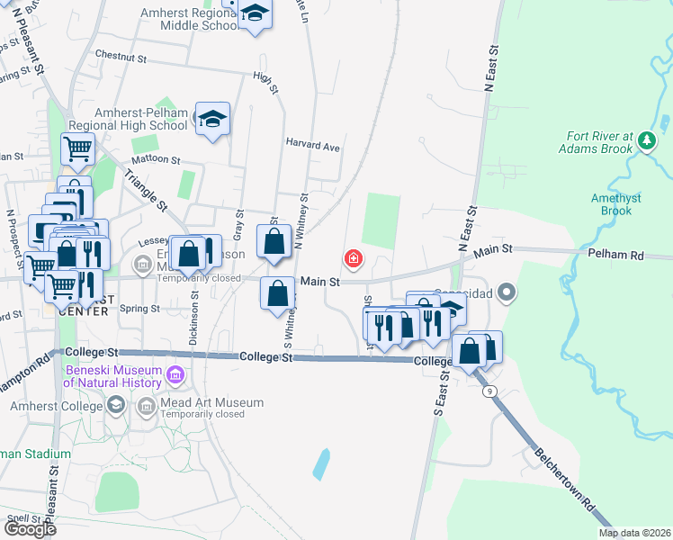 map of restaurants, bars, coffee shops, grocery stores, and more near 26 Spaulding Street in Amherst