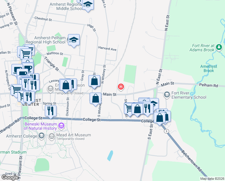 map of restaurants, bars, coffee shops, grocery stores, and more near 26 Spaulding Street in Amherst