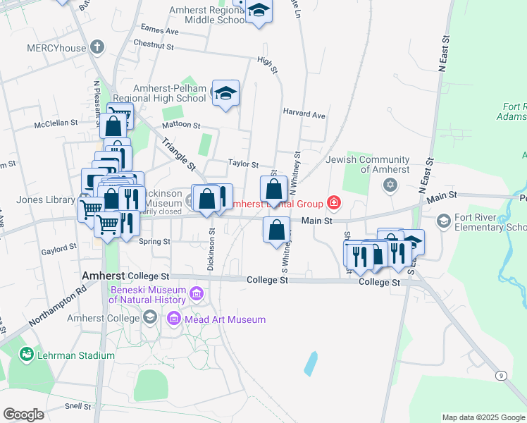 map of restaurants, bars, coffee shops, grocery stores, and more near 22 High Street in Amherst