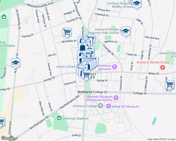 map of restaurants, bars, coffee shops, grocery stores, and more near 47 Boltwood Walk in Amherst