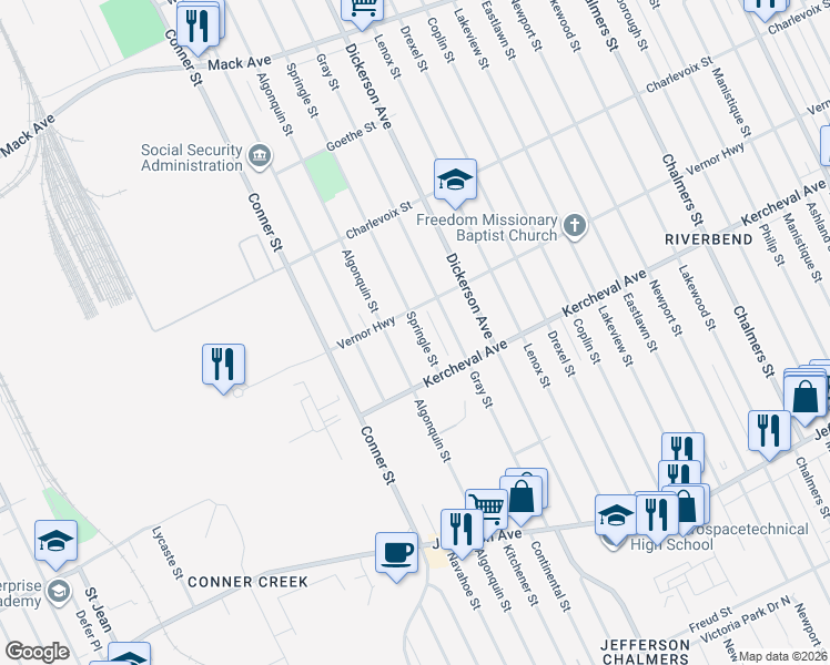 map of restaurants, bars, coffee shops, grocery stores, and more near 2216 Springle Street in Detroit
