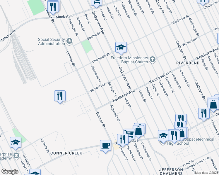 map of restaurants, bars, coffee shops, grocery stores, and more near 2216 Springle Street in Detroit