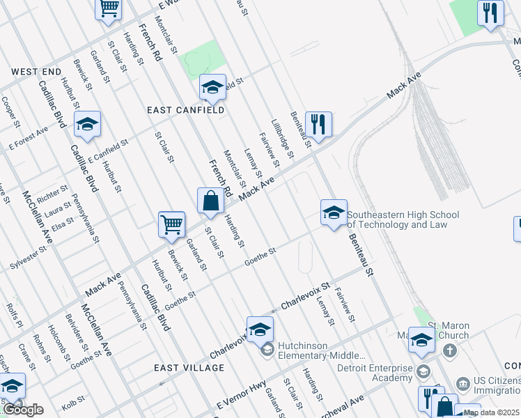 map of restaurants, bars, coffee shops, grocery stores, and more near in Detroit