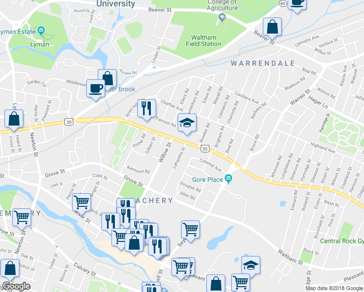 map of restaurants, bars, coffee shops, grocery stores, and more near 176 Main Street in Waltham