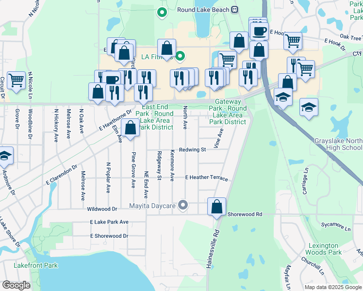 map of restaurants, bars, coffee shops, grocery stores, and more near 1519 North Avenue in Round Lake Beach