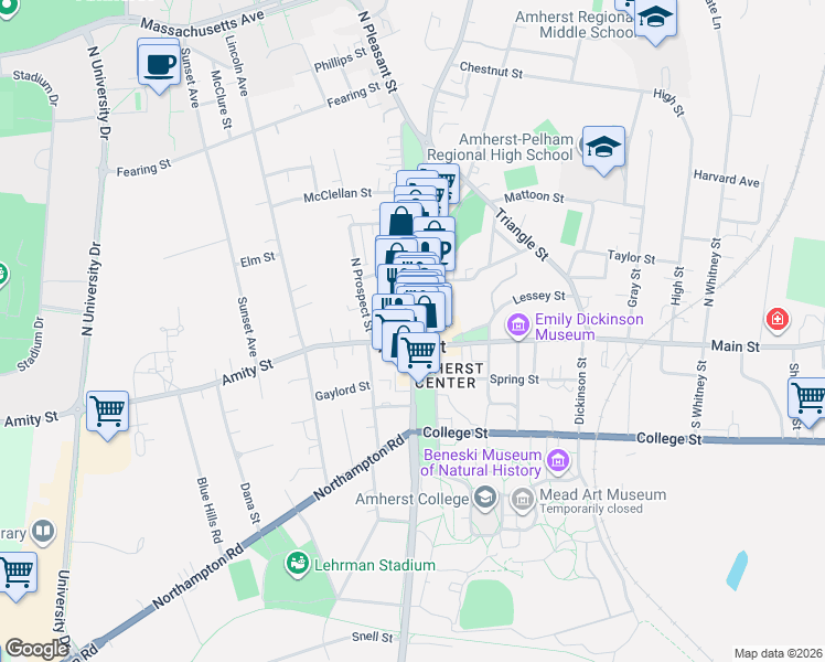map of restaurants, bars, coffee shops, grocery stores, and more near 25 North Pleasant Street in Amherst