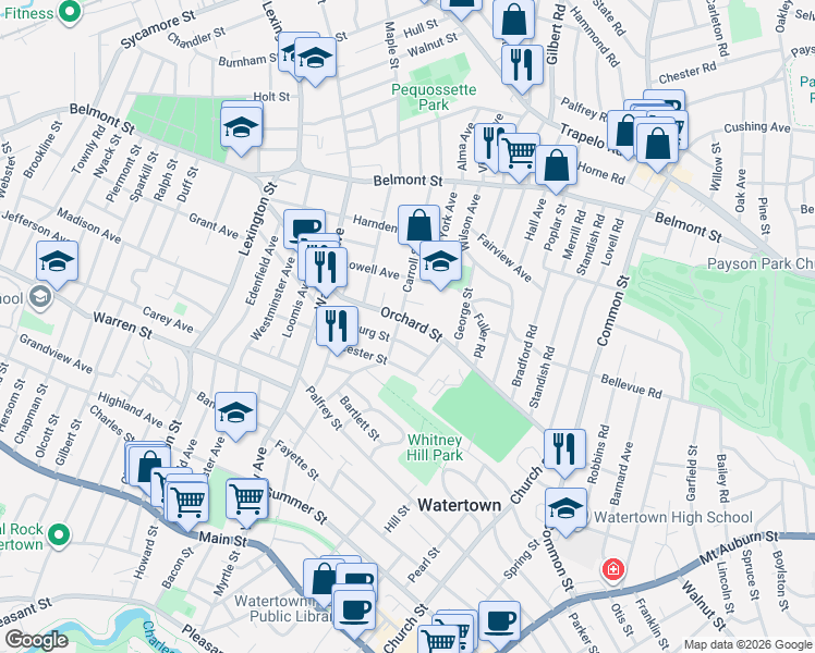 map of restaurants, bars, coffee shops, grocery stores, and more near 186 Orchard Street in Watertown