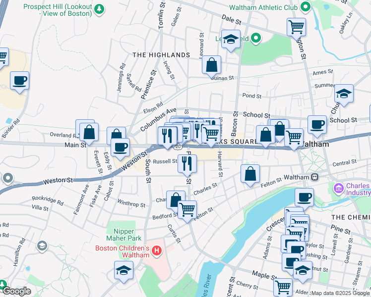 map of restaurants, bars, coffee shops, grocery stores, and more near 892 U.S. 20 in Waltham