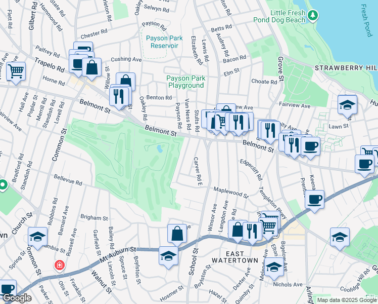 map of restaurants, bars, coffee shops, grocery stores, and more near 21 Commonwealth Road in Watertown