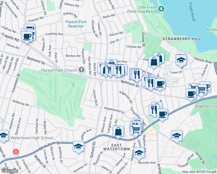 map of restaurants, bars, coffee shops, grocery stores, and more near 157 Winsor Avenue in Watertown