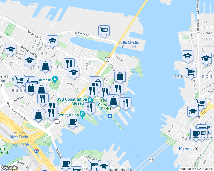 map of restaurants, bars, coffee shops, grocery stores, and more near 150 3rd Avenue in Boston