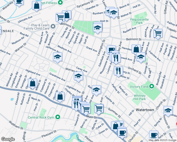 map of restaurants, bars, coffee shops, grocery stores, and more near 10 Robert Ford Road in Watertown