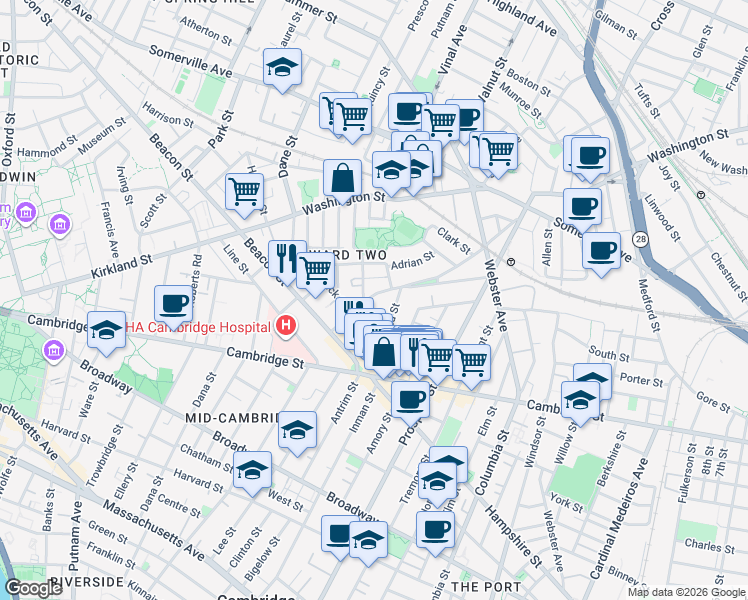map of restaurants, bars, coffee shops, grocery stores, and more near 68 Concord Avenue in Somerville