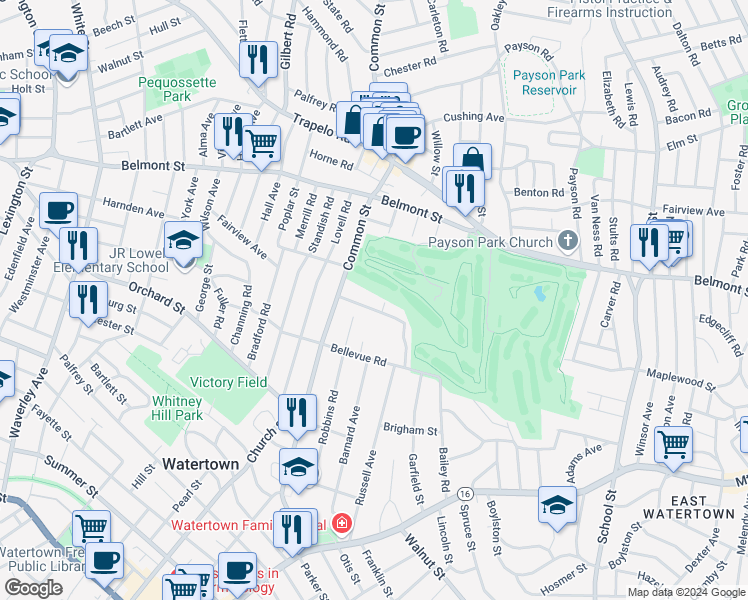 map of restaurants, bars, coffee shops, grocery stores, and more near 32 Grenville Road in Watertown