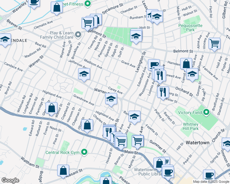 map of restaurants, bars, coffee shops, grocery stores, and more near 39 Carey Avenue in Watertown