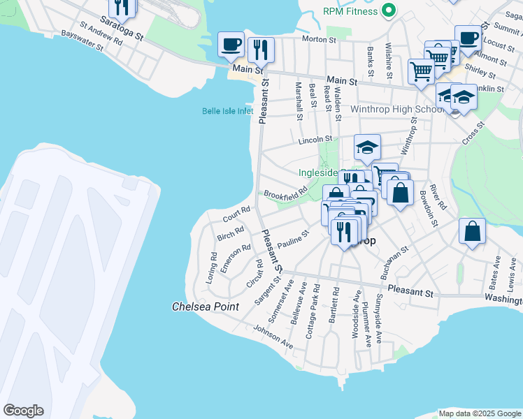 map of restaurants, bars, coffee shops, grocery stores, and more near 379 Pleasant Street in Winthrop