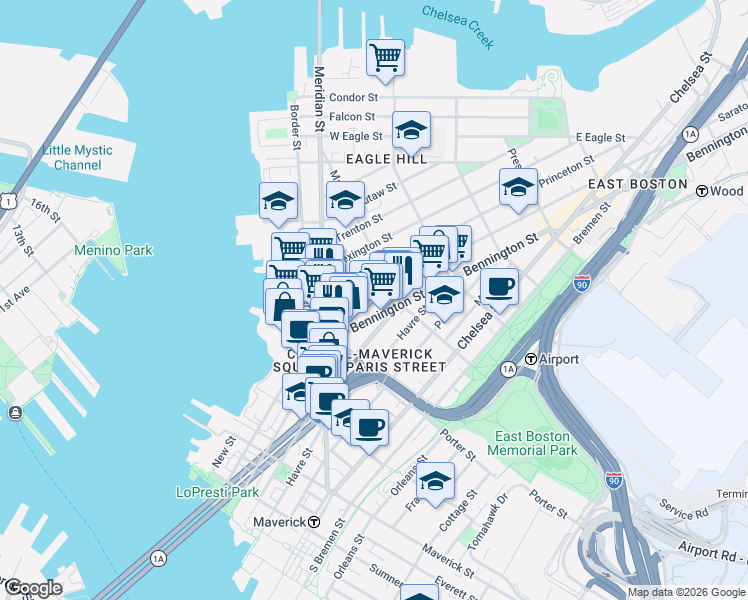 map of restaurants, bars, coffee shops, grocery stores, and more near 57 Saratoga Street in Boston