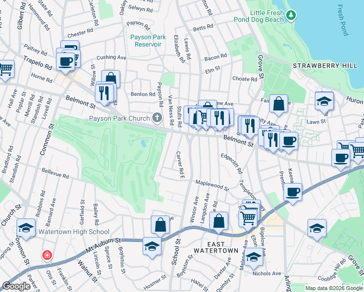 map of restaurants, bars, coffee shops, grocery stores, and more near 22 Carver Road in Watertown