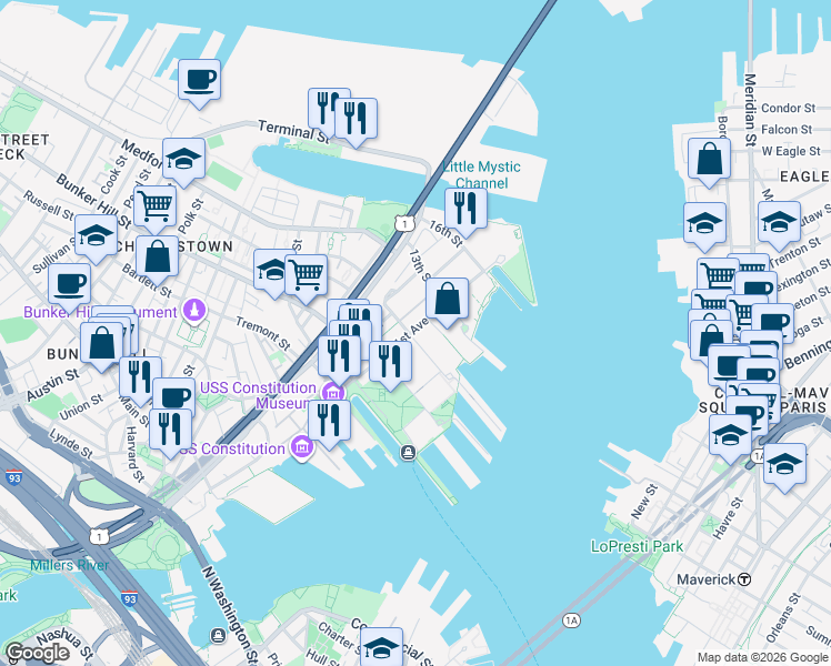 map of restaurants, bars, coffee shops, grocery stores, and more near C1 The Captain's Quarters in Boston
