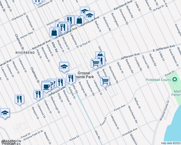 map of restaurants, bars, coffee shops, grocery stores, and more near 18 Pointe Park Place in Grosse Pointe Park