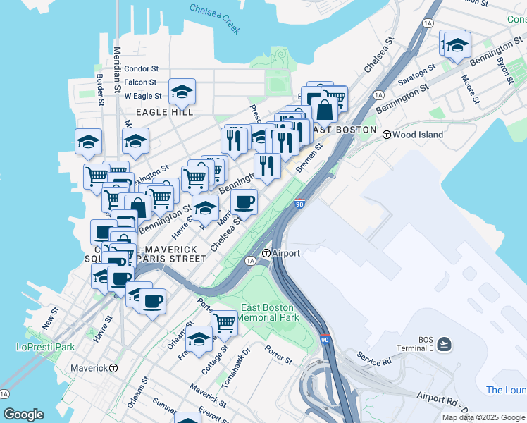 map of restaurants, bars, coffee shops, grocery stores, and more near Bremen Street in Boston