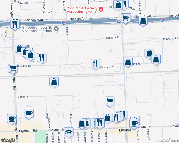 map of restaurants, bars, coffee shops, grocery stores, and more near 31899 Glendale Street in Livonia