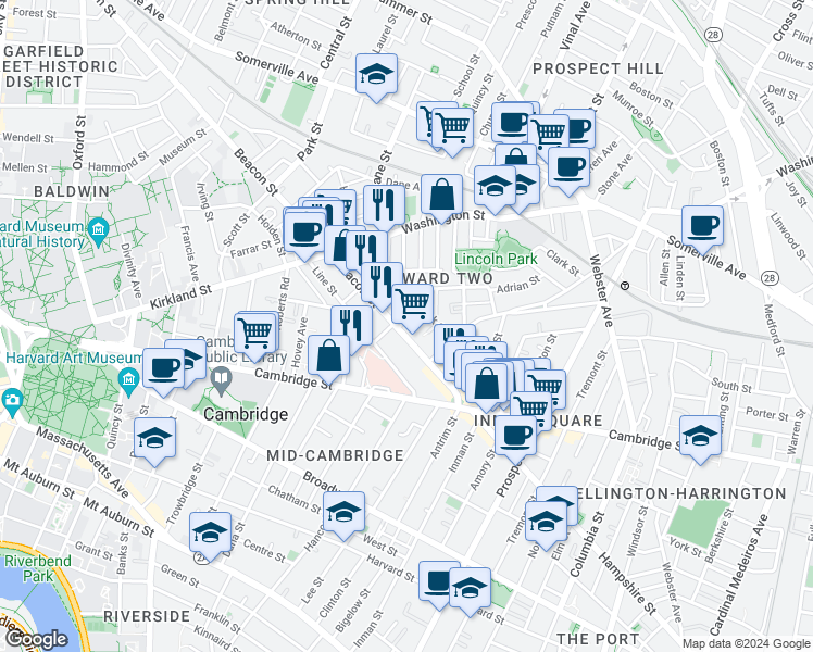 map of restaurants, bars, coffee shops, grocery stores, and more near 5 Buckingham Street in Somerville