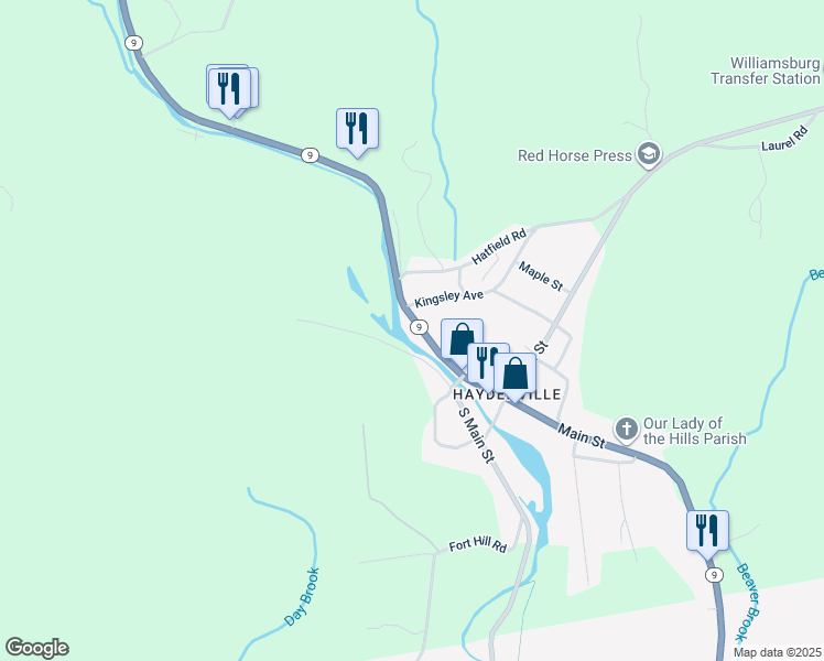 map of restaurants, bars, coffee shops, grocery stores, and more near 132 Main Street in Williamsburg