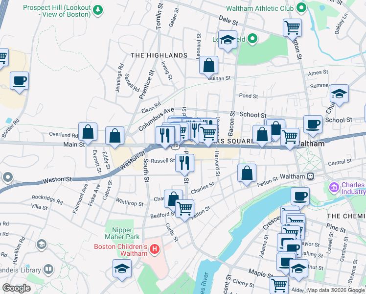 map of restaurants, bars, coffee shops, grocery stores, and more near 888 Main St in Waltham