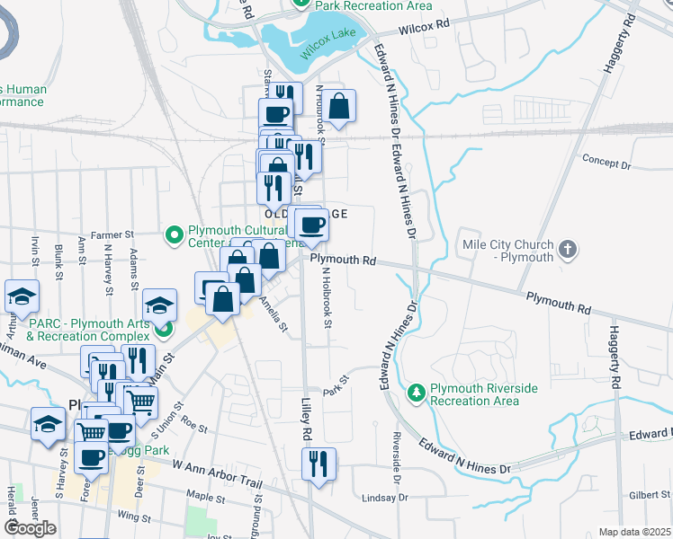 map of restaurants, bars, coffee shops, grocery stores, and more near 244 Plymouth Road in Plymouth
