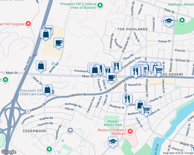 map of restaurants, bars, coffee shops, grocery stores, and more near 1060 Main Street in Waltham