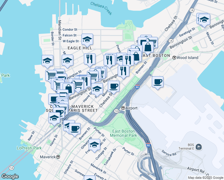 map of restaurants, bars, coffee shops, grocery stores, and more near 303 Paris Street in Boston