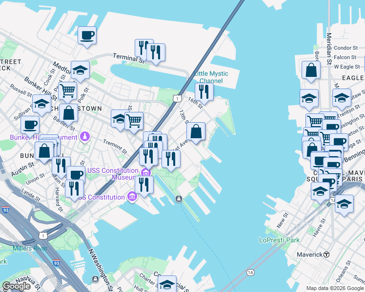 map of restaurants, bars, coffee shops, grocery stores, and more near C1 The Captain's Quarters in Boston