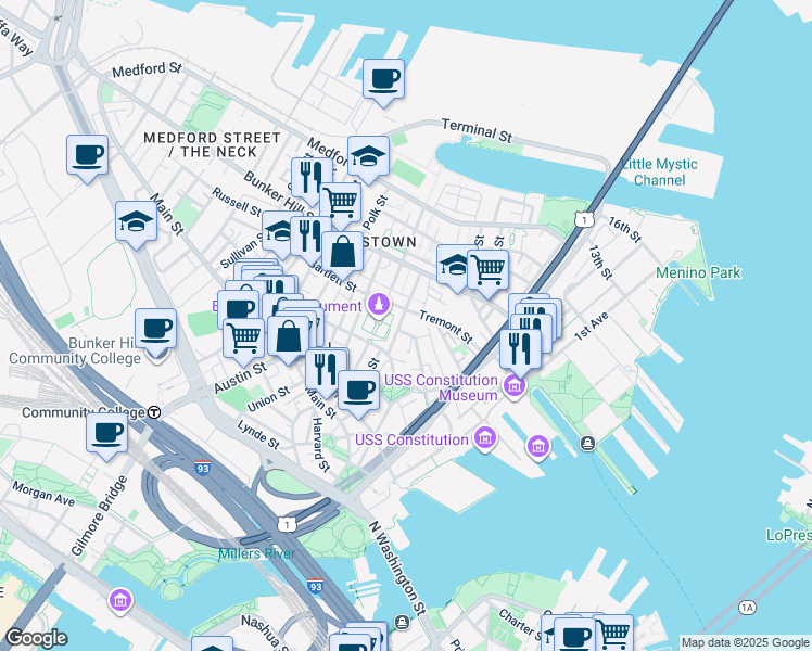 map of restaurants, bars, coffee shops, grocery stores, and more near 13 Monument Square in Boston