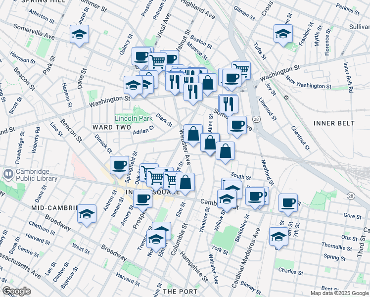 map of restaurants, bars, coffee shops, grocery stores, and more near 55 Webster Avenue in Somerville