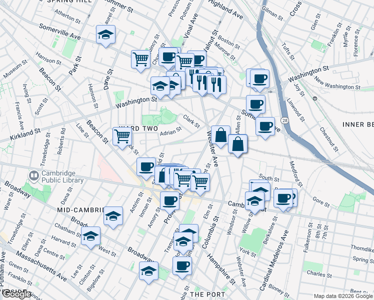 map of restaurants, bars, coffee shops, grocery stores, and more near 22 Concord Avenue in Somerville