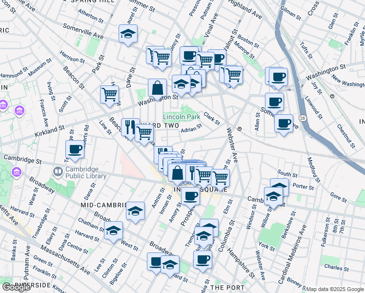 map of restaurants, bars, coffee shops, grocery stores, and more near 68 Concord Avenue in Somerville
